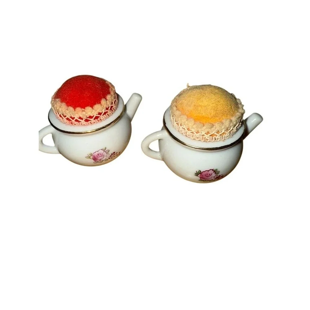 Vintage Enesco Porcelain Teapot Pincushion Set sewing‎ set of 2